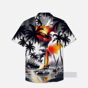 Dark Style Hawaii Orange Sun And Coconut Tree Shadows Printing Breast Pocket Short Sleeve Shirt