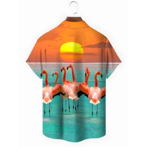 Hawaiian Flamingo Sunset Men's Pocket Short Sleeve Shirts