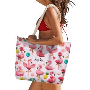 Personalized Love Flamingos Beach Bag1