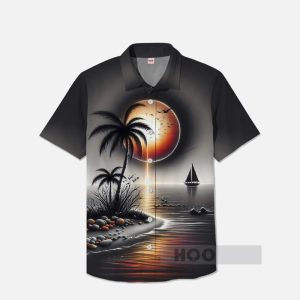 Dark Style Hawaii Coconut Tree Shadows Printing Breast Pocket Short Sleeve Shirt