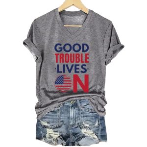 Womens Good Trouble Lives On Print V Neck T Shirt3