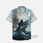 Black Cat Driving Shark Style Adventure Hawaiian Shirt