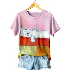 Women’s Oil Painting Art Cat Print Short Sleeve T-Shirt