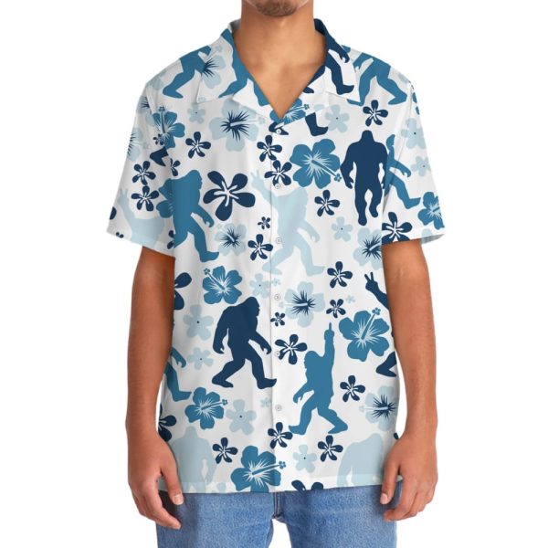 Funny Bigfoot Hibiscus Blue Hawaiian Shirt