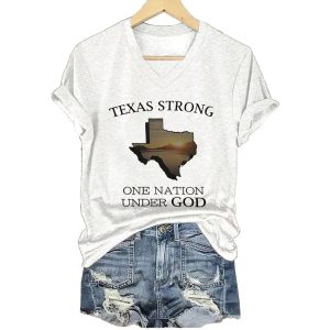 V Neck Retro Texas Strong One Nation Under God Print T Shirt3