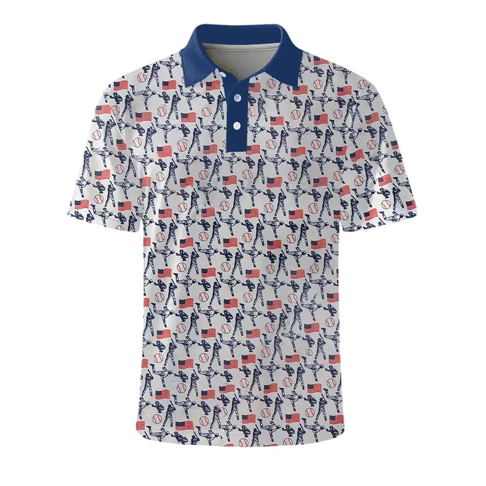 Mens America Baseball Print Casual Button Top Polo Mens America Baseball Print Casual Button Top Polo