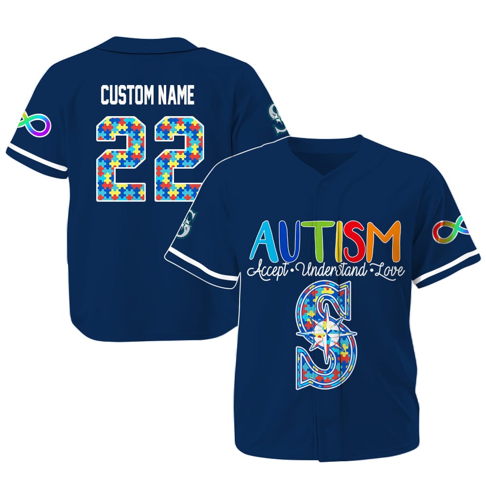 Personalized Mariners Autism Awareness Baseball Jersey Personalized Mariners Autism Awareness Baseball Jersey