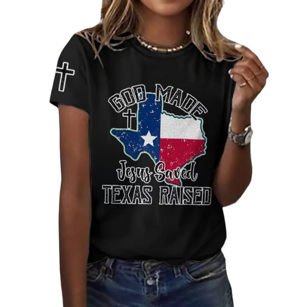 Retro Texas Strong God Made Jesus Saved Texas Print T-Shirt
