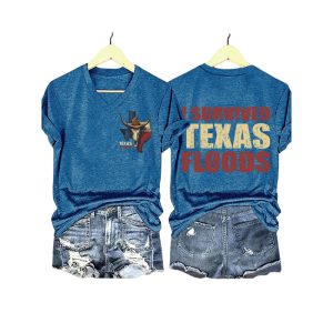 Texas Strong Cow Skull Texas State Flag I Survived Texas Floods Pray For Texas Shirt3