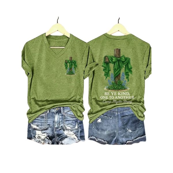 V Neck Retro Texas Strong Green Bow Cross Be Ye Kind One to Another Camp Mystic Strong Print T-Shirt