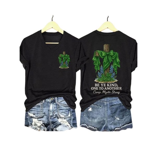 V Neck Retro Texas Strong Green Bow Cross Be Ye Kind One to Another Camp Mystic Strong Print T-Shirt