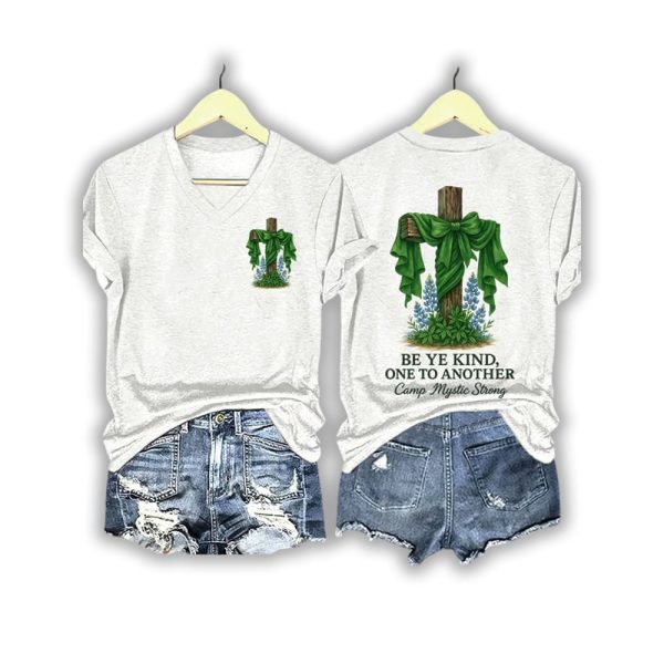 V Neck Retro Texas Strong Green Bow Cross Be Ye Kind One to Another Camp Mystic Strong Print T-Shirt