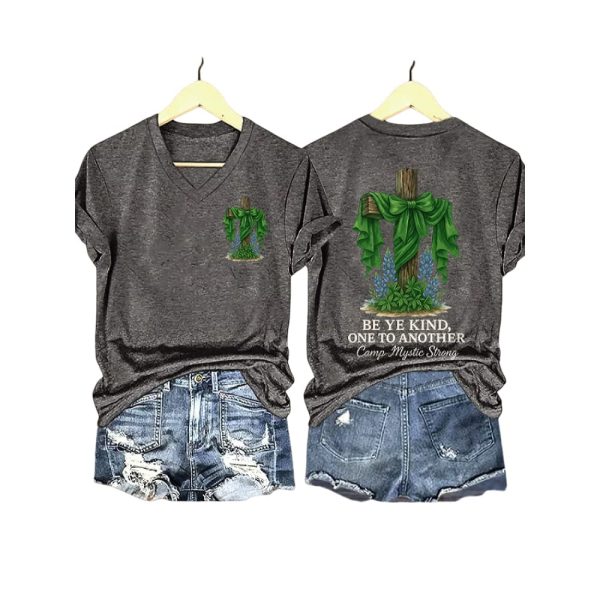 V Neck Retro Texas Strong Green Bow Cross Be Ye Kind One to Another Camp Mystic Strong Print T-Shirt