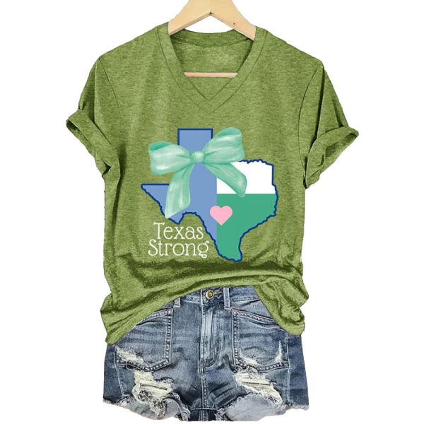 V-Neck Retro Texas Strong Green Bow Print T-Shirt