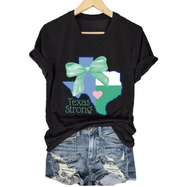 V-Neck Retro Texas Strong Green Bow Print T-Shirt
