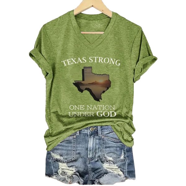 V-Neck Retro Texas Strong One Nation Under God Print T-Shirt