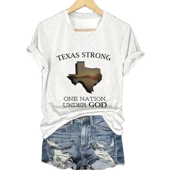 V-Neck Retro Texas Strong One Nation Under God Print T-Shirt