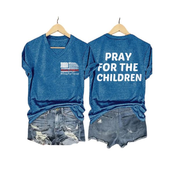 V-Neck Retro Texas Strong Pray For Texas Pray For The Children Print T-Shirt