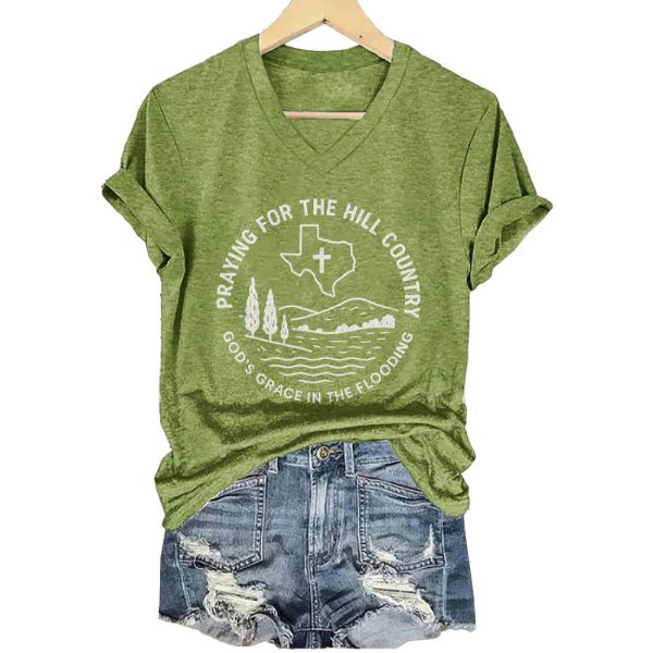 V-Neck Retro Texas Strong Praying For The Hill Country God’s Grace In The Flooding Print T-Shirt