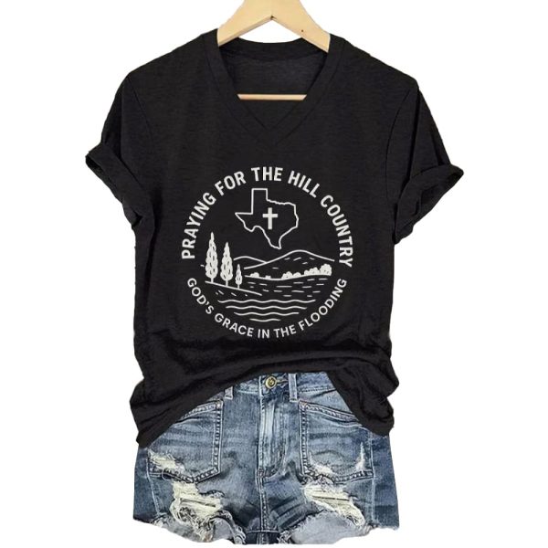 V-Neck Retro Texas Strong Praying For The Hill Country God’s Grace In The Flooding Print T-Shirt