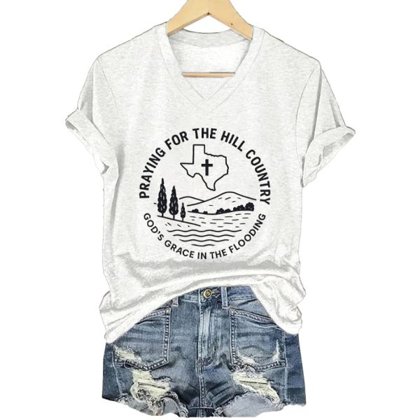V-Neck Retro Texas Strong Praying For The Hill Country God’s Grace In The Flooding Print T-Shirt