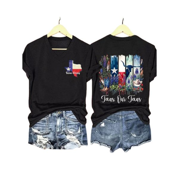 V-Neck Retro Texas Strong Texas Our Texas Print T-Shirt