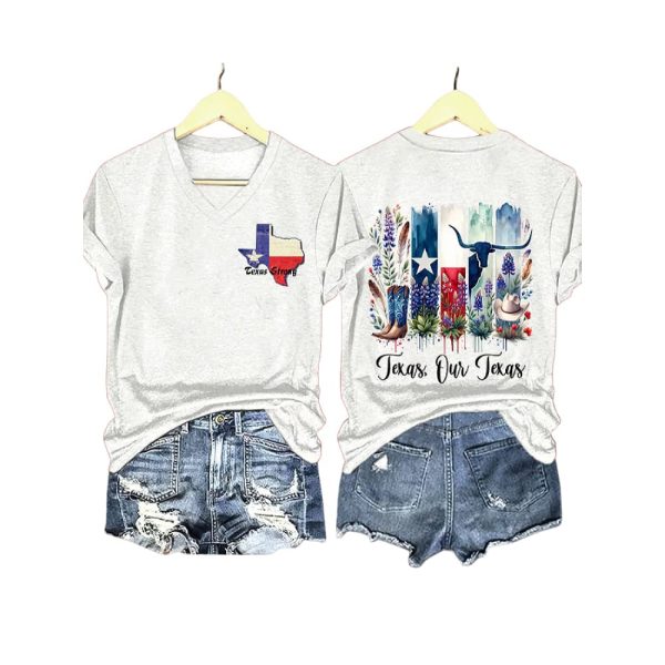V-Neck Retro Texas Strong Texas Our Texas Print T-Shirt
