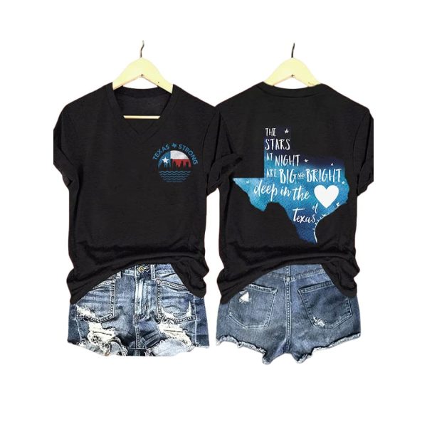 V-Neck Retro Texas Strong The Stars At Night Are Big And Bright Deep In The Heart Of Texas Print T-Shirt