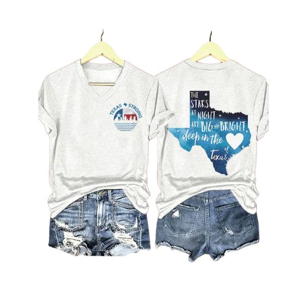 V-Neck Retro Texas Strong The Stars At Night Are Big And Bright Deep In The Heart Of Texas Print T-Shirt