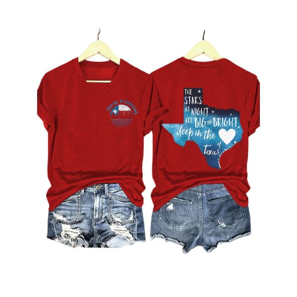 V-Neck Retro Texas Strong The Stars At Night Are Big And Bright Deep In The Heart Of Texas Print T-Shirt