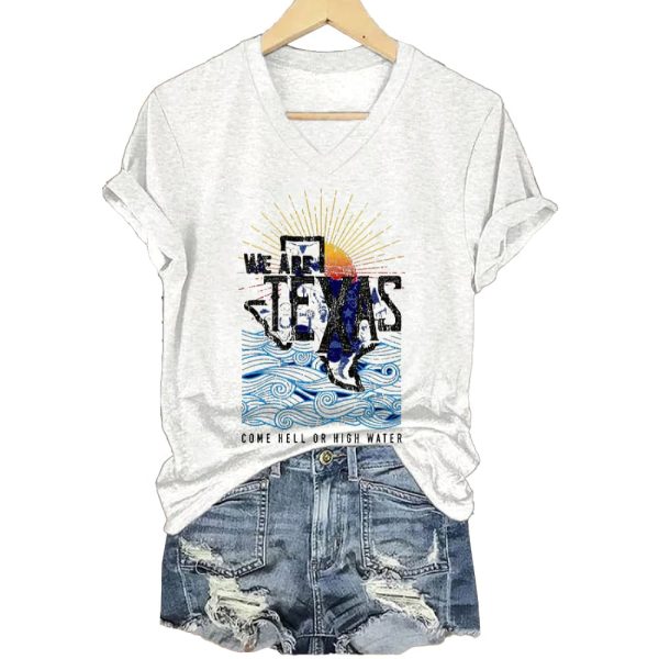 V-Neck Retro Texas Strong We Are Texas Come Hell Or High Water Print T-Shirt