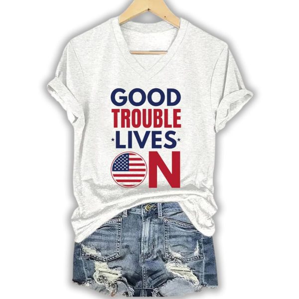 Women’s Good Trouble Lives On Print V-Neck T-Shirt
