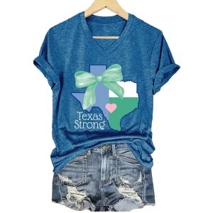 V Neck Retro Texas Strong Green Bow Print T Shirt