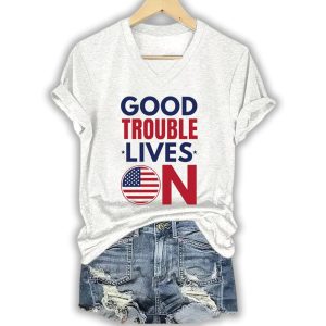 Womens Good Trouble Lives On Print V Neck T Shirt1