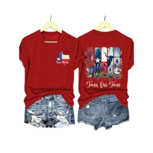 V Neck Retro Texas Strong Texas Our Texas Print T Shirt1