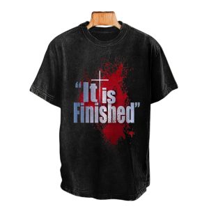 Mens Bloody Cross Jesus Said It Is Finished Print Crew Neck T Shirt