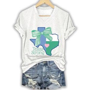 V Neck Retro Texas Strong Green Bow Print T Shirt3
