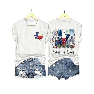 V Neck Retro Texas Strong Texas Our Texas Print T Shirt3