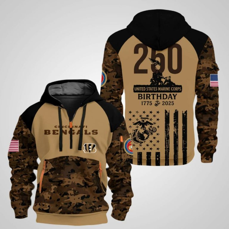 2025 Bengals 250Th US Marine Corps Birthday Quarter Zip Hoodie