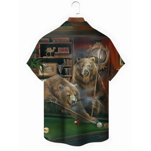 Animal Bear Billiards Print Men’s Pocket Short Sleeve Shirts