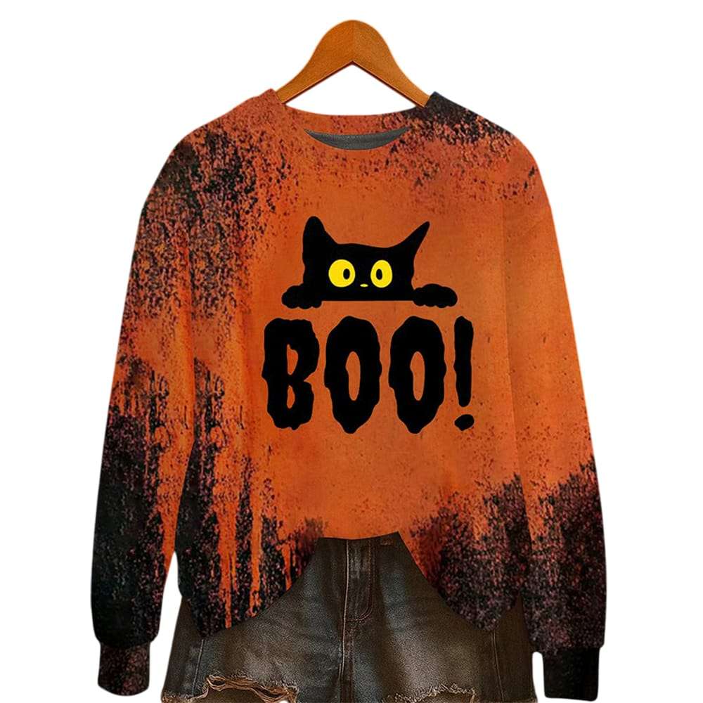 Black Cat Boo Halloween Print Sweatshirt Black Cat Boo Halloween Print Sweatshirt