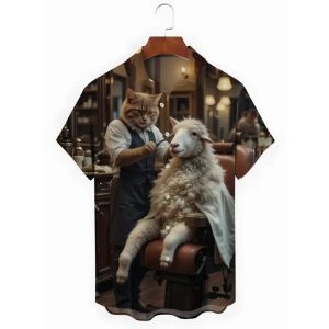 Vintage Cat Sheep Barber Print Men’s Pocket Short Sleeve Shirts