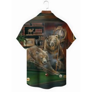 Animal Bear Billiards Print Mens Pocket Short Sleeve Shirts1