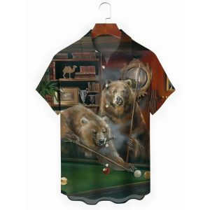 Animal Bear Billiards Print Mens Pocket Short Sleeve Shirts