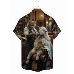 Vintage Cat Sheep Barber Print Mens Pocket Short Sleeve Shirts1