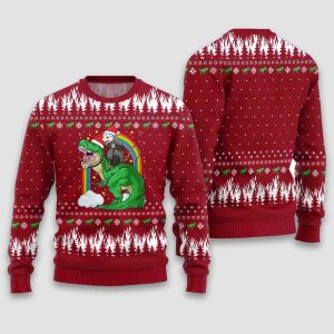 Opossum Riding Dinosaur Ugly Christmas Sweater2