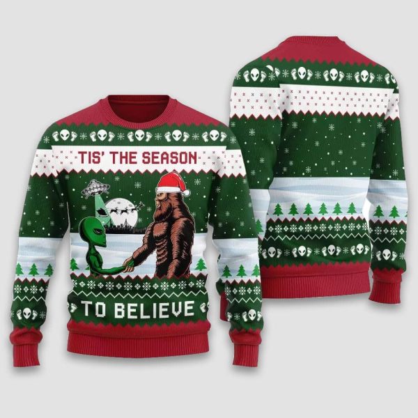 Alien Bigfoot Tis The Season To Believe Ugly Christmas Sweater