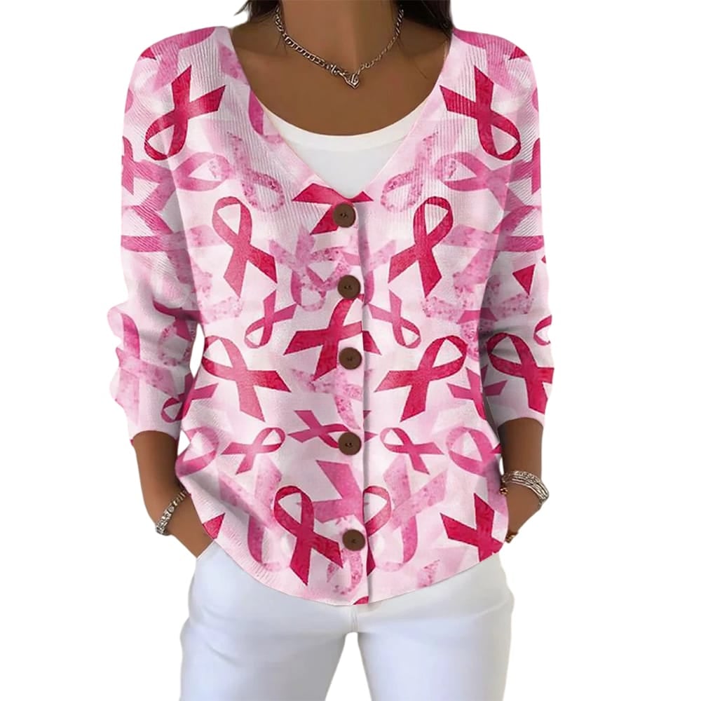 Casual Breast Cancer Awareness Pink Ribbon Art Print Buttoned Cardigan Sweater Casual Breast Cancer Awareness Pink Ribbon Art Print Buttoned Cardigan Sweater