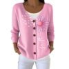 Casual Breast Cancer Awareness Pink Ribbon Floral Art Print Buttoned Cardigan Sweater