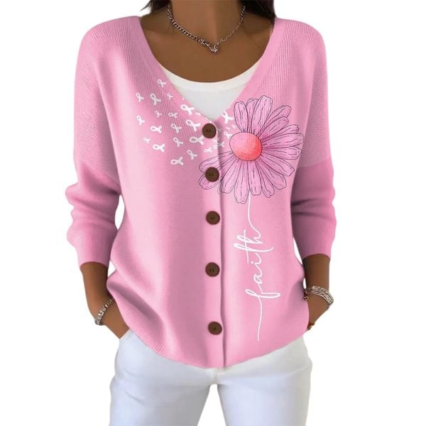 Casual Breast Cancer Awareness Pink Ribbon Floral Art Print Buttoned Cardigan Sweater